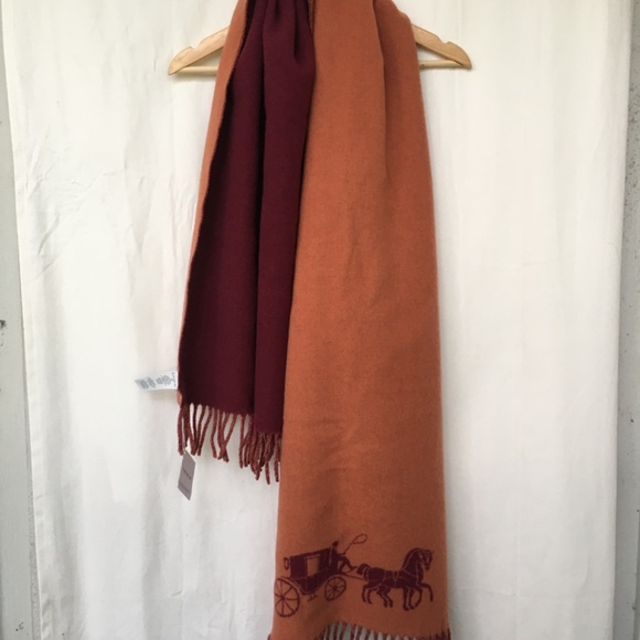 Double faced wool Coach logo scarf - maroon & orange - 'cherry/ginger' - Picture 2 of 9